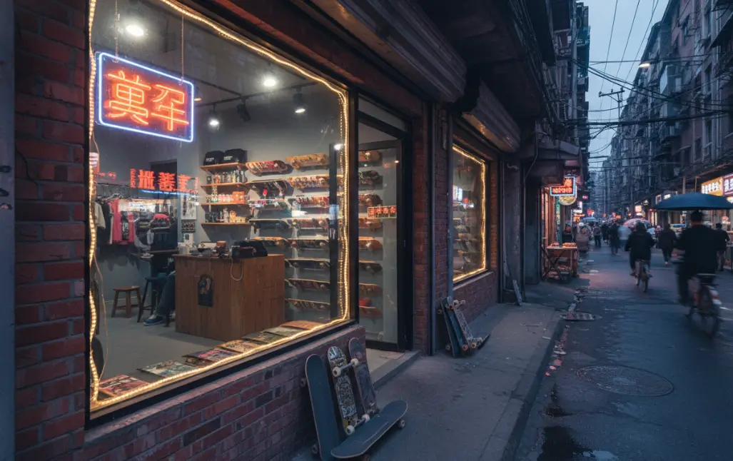 A quiet skateboard shop on a Chinese street, empty inside