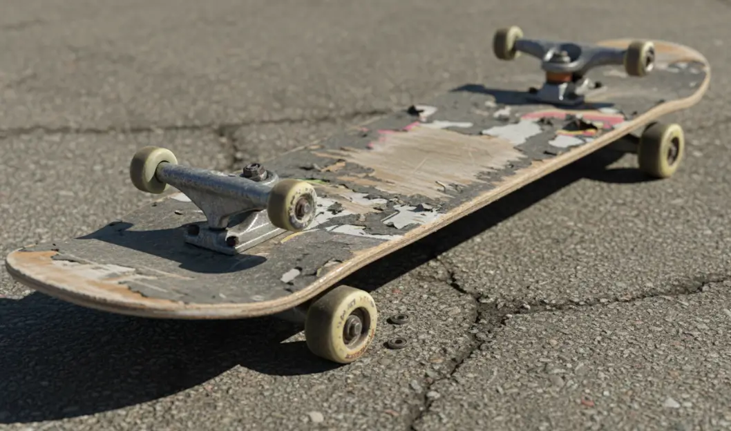 A worn skateboard with scratched deck and dusty bearings on rough pavement